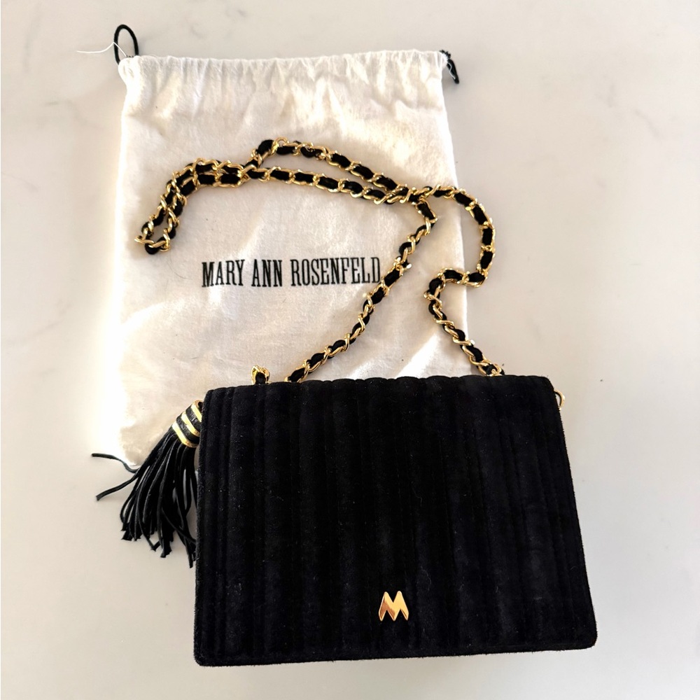 MARY ANN ROSENFELD•vintage black suede leather quilted shoulder bag
